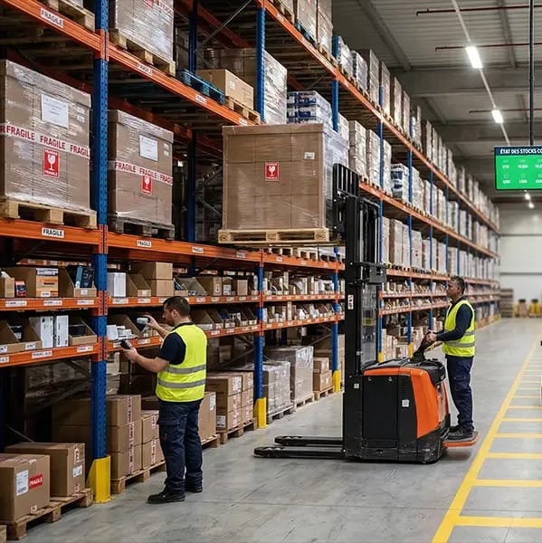 Préparation de commandes e-commerce dans l’entrepôt Groupe Routage à Crouy