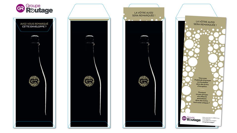 Campagne Marketing Champagne. enveloppe toute en longueur et imprimée sur toute la surface.