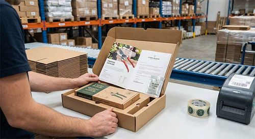 Préparation d'un coffret produit dans un entrepôt : un employé place un sécateur ergonomique avec un catalogue.